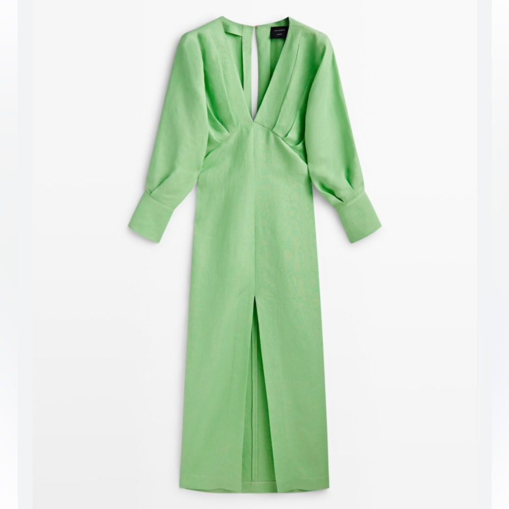 MASSIMO DUTTI linen green Dress With Pleated Details